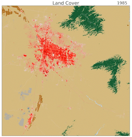 Animation with tan background and patches of mostly red and green, representing types of land cover, that shift over time