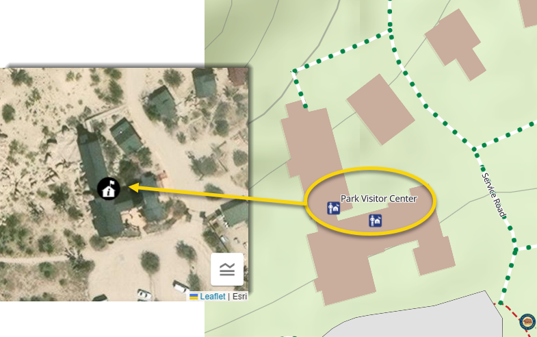 The Antelope Valley Indian Museum State Historic Park Visitor Center point, and the map building footprint.