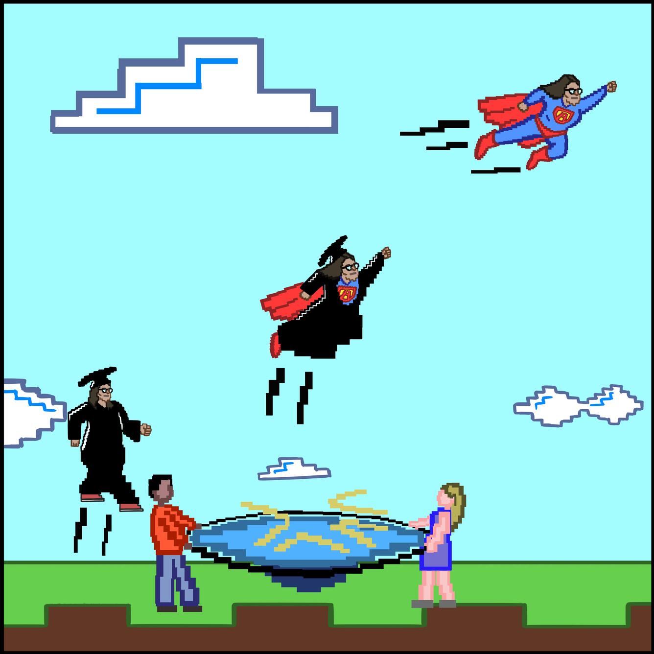 8-bit Aparna jumps on a trampoline held by her mentors, and in the air she sheds her robe to reveal a superhero costume.