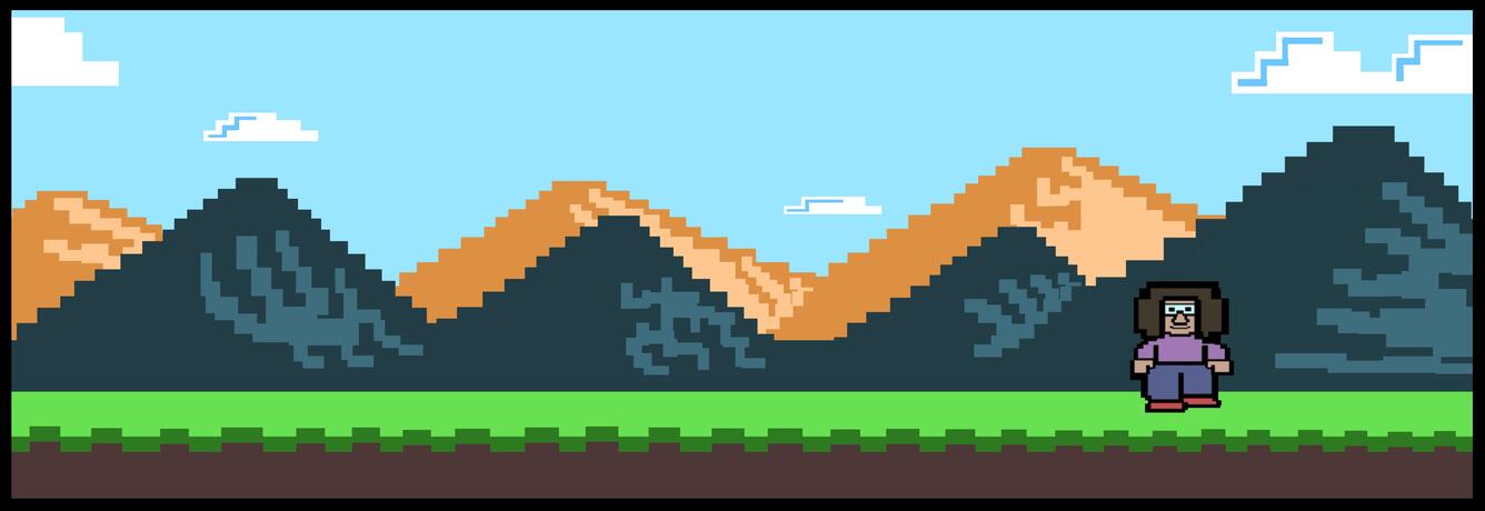 8-bit style illustration of a grassy field with mountains in the background and a cartoon woman with dark hair and glasses.