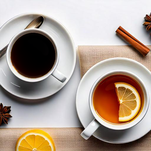 Image of a cup of dark black coffee next to a cup of tea