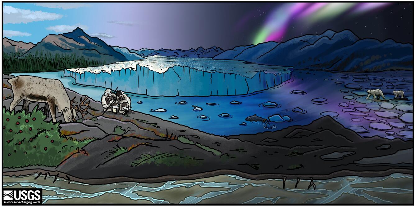 A cartoon drawing of a landscape with a glacier, caribou, polar bears, and mountains.