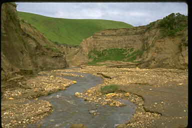 Rocky canyon with a creek running through the middle and grassy hillsides