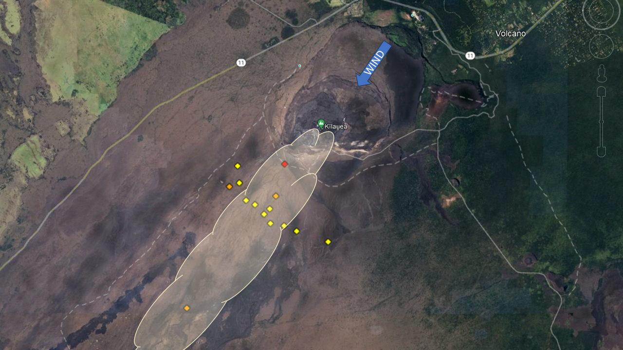 Color cartoon of volcanic plume blowing over volcanic gas monitoring station locations