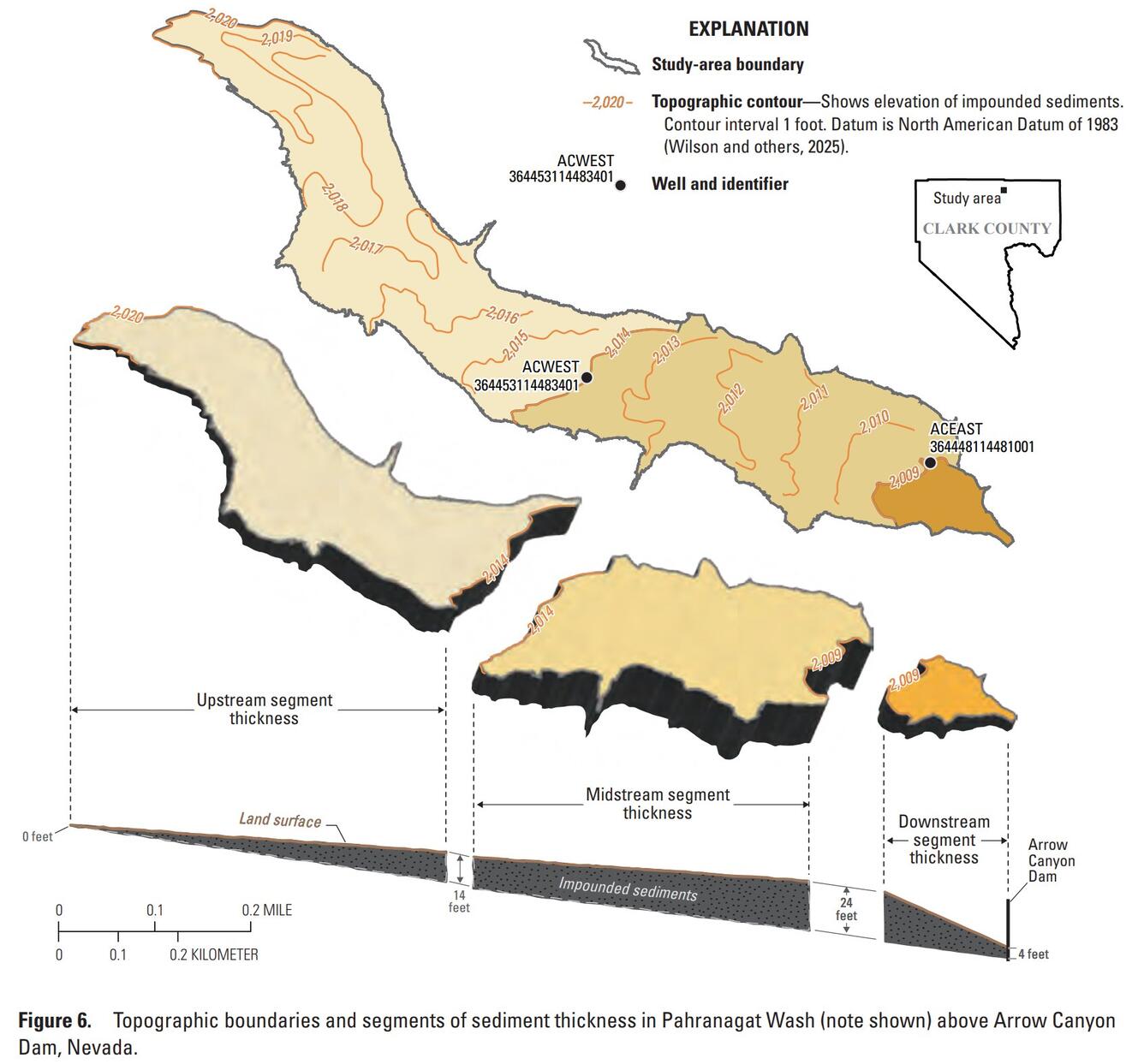 Figure showing study area boundary and 3D breakout with sediment thickness in Pahranagat Wash.