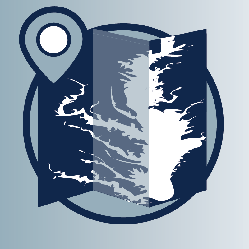 A round bluescale icon showing a trifold map of the chesapeake bay