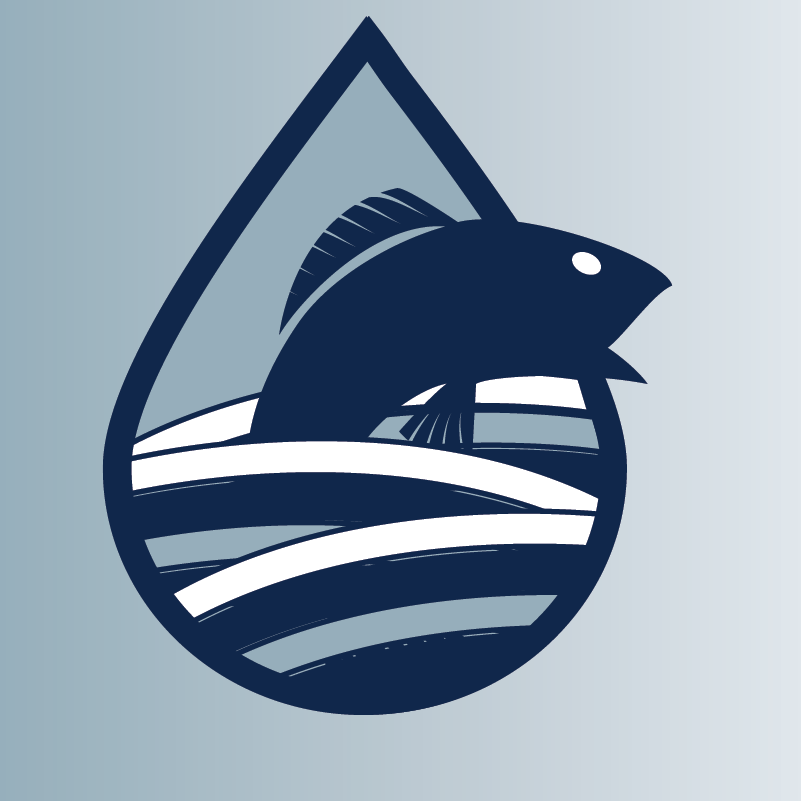 Water droplet shaped bluescale icon showing a fish jumping out of the water