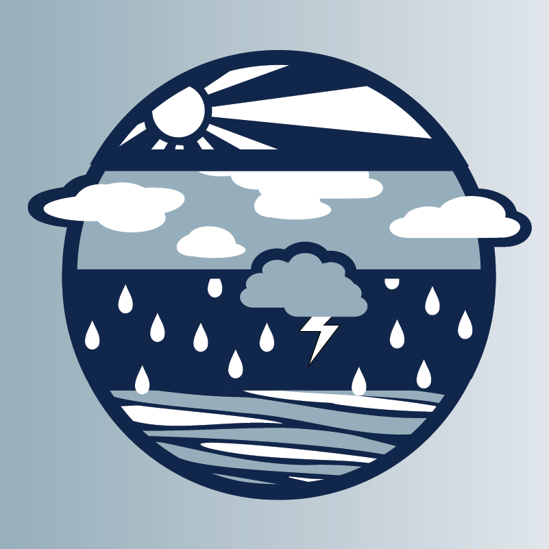 A round bluescale icon showing different weather over a body of water.
