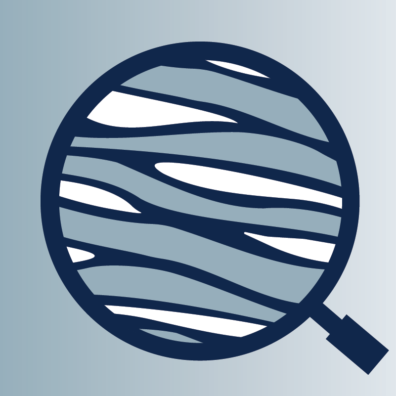 A bluescale icon in the shape of a magnifying glass over water