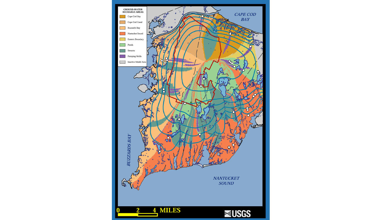Two maps with bright colors indicating groundwater recharge areas on Cape Cod.