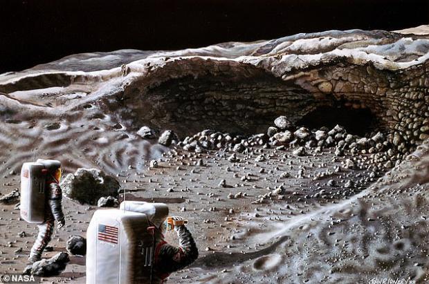 Artist drawing of Astronauts investigation of a cave on the Moon