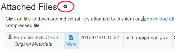 Screenshot showing the settings button in the Attached Files section of a ScienceBase page.