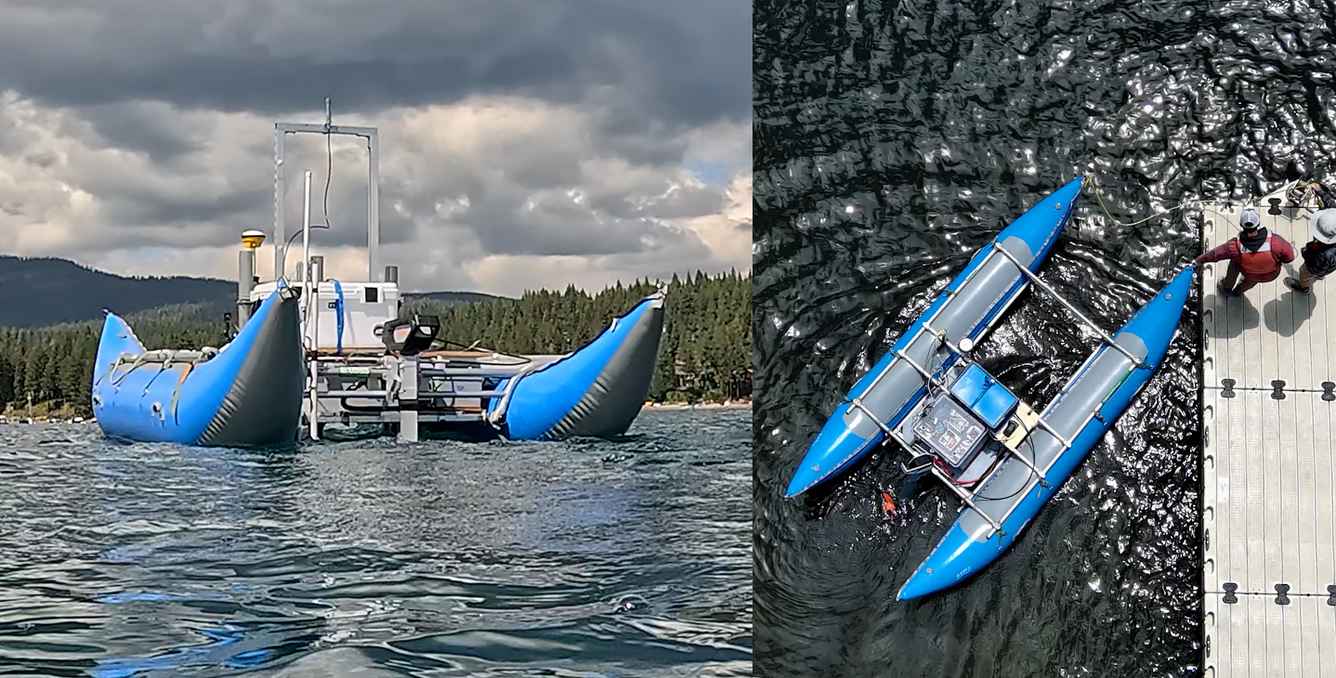 Photos of the autonomous MAPCAT cataraft being tested on a lake
