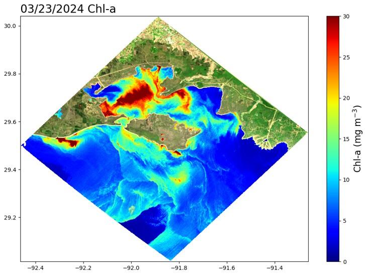 Estimated phytoplankton biomass as chlorophyll a (Chl-a) from EMIT imagery in March 2024 surrounding Marsh Island, Louisiana