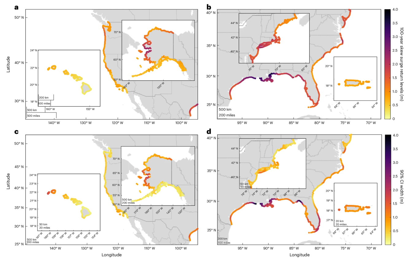 Predictions of 100-year storm surge return levels and associated 90% credible interval widths for the entire US coastline