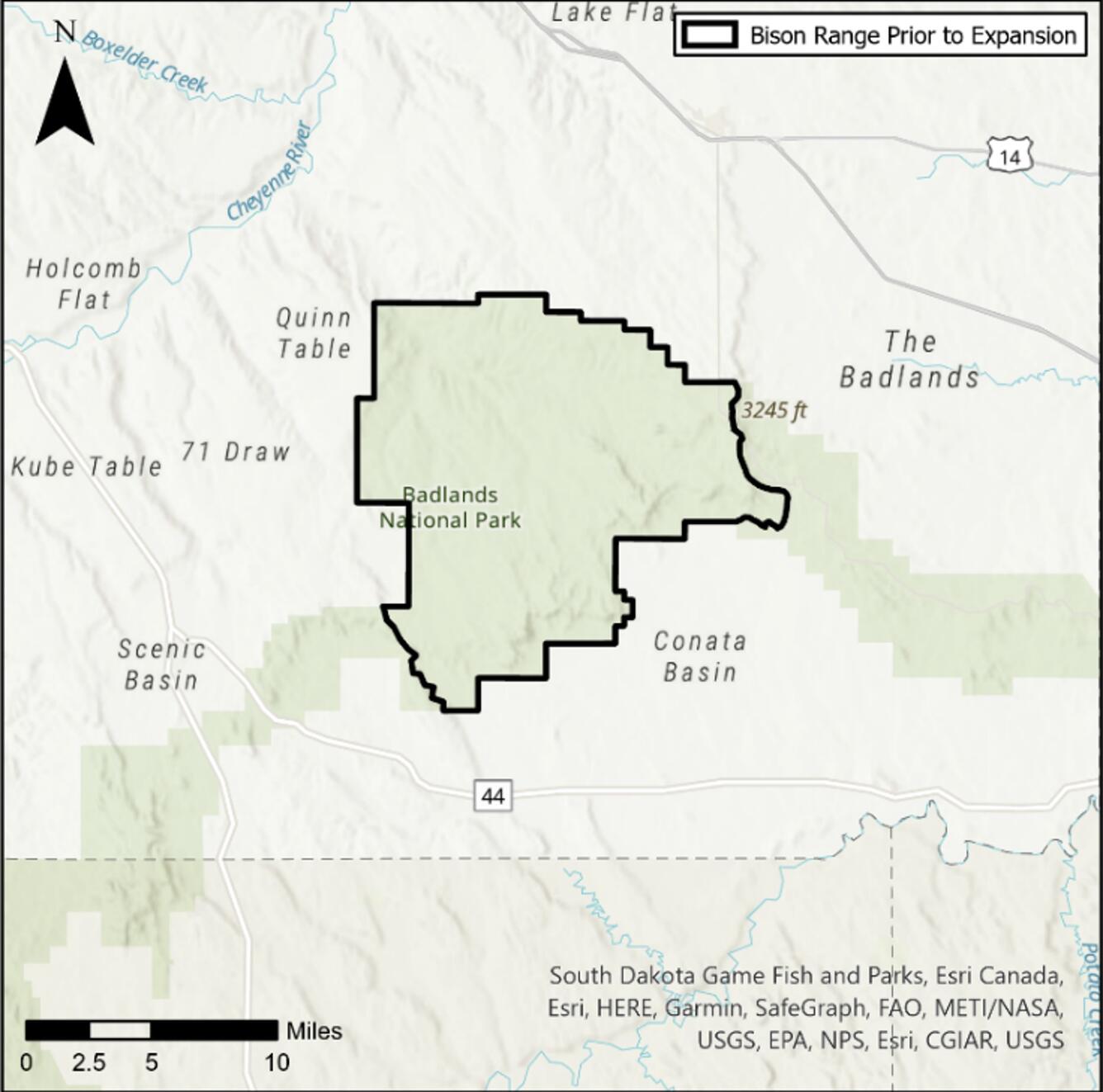 A map of the bison range at Badlands National Park prior to their range expansions, outlines in black.