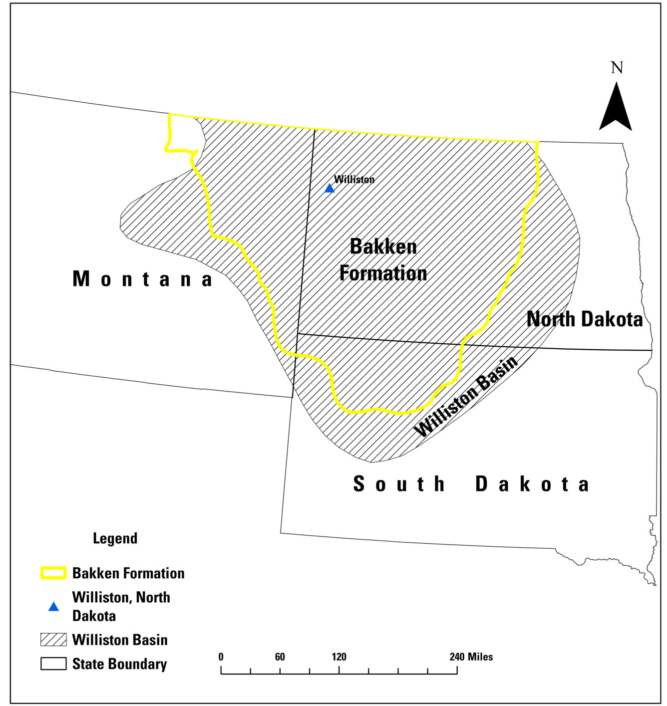 A map of Montana, North Dakota and South Dakota showing the Bakken Formation and Williston Basin