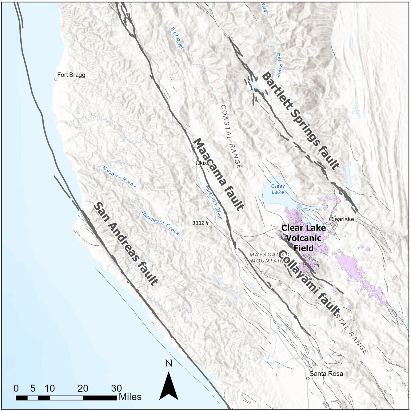 Map of faults around the Clear Lake volcanic field, highlighting the Bartlett Springs and Maacama faults and the field bounds