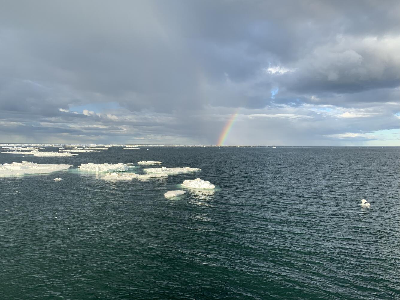 Ocean covered in ice with some openings and a rainbow in the distance.