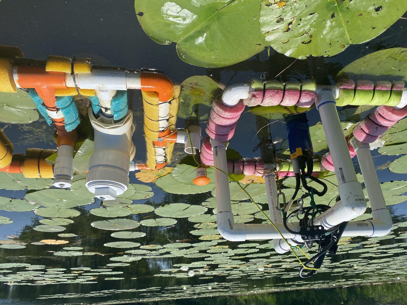 Two water quality floats in a pool with lily pads