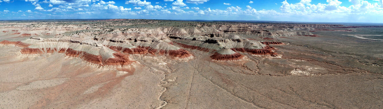 Bidahochi Basin, dry bed of a prehistoric lake east of Flagstaff, Arizona. Aerial view from a drone over Navajo land. Anyone wishing to conduct unmanned aerial vehicle flights on the Navajo Nation must first apply for and receive a permit from the Navajo Department of Transportation. Photo by Brian Gootee, Arizona Geological Survey. 