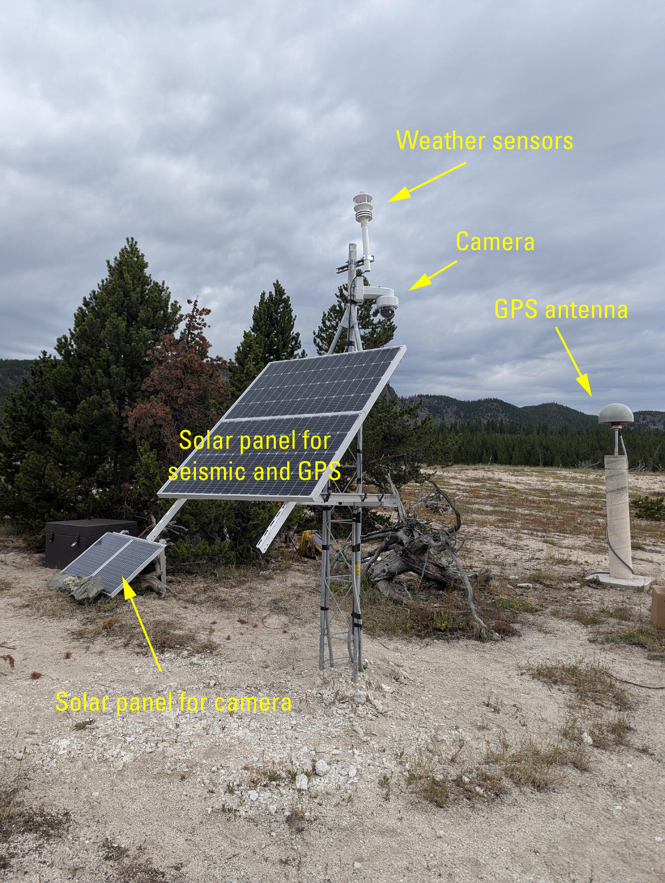 barren ground with a few small pine trees and a metal tower with a solar panel and other sensors