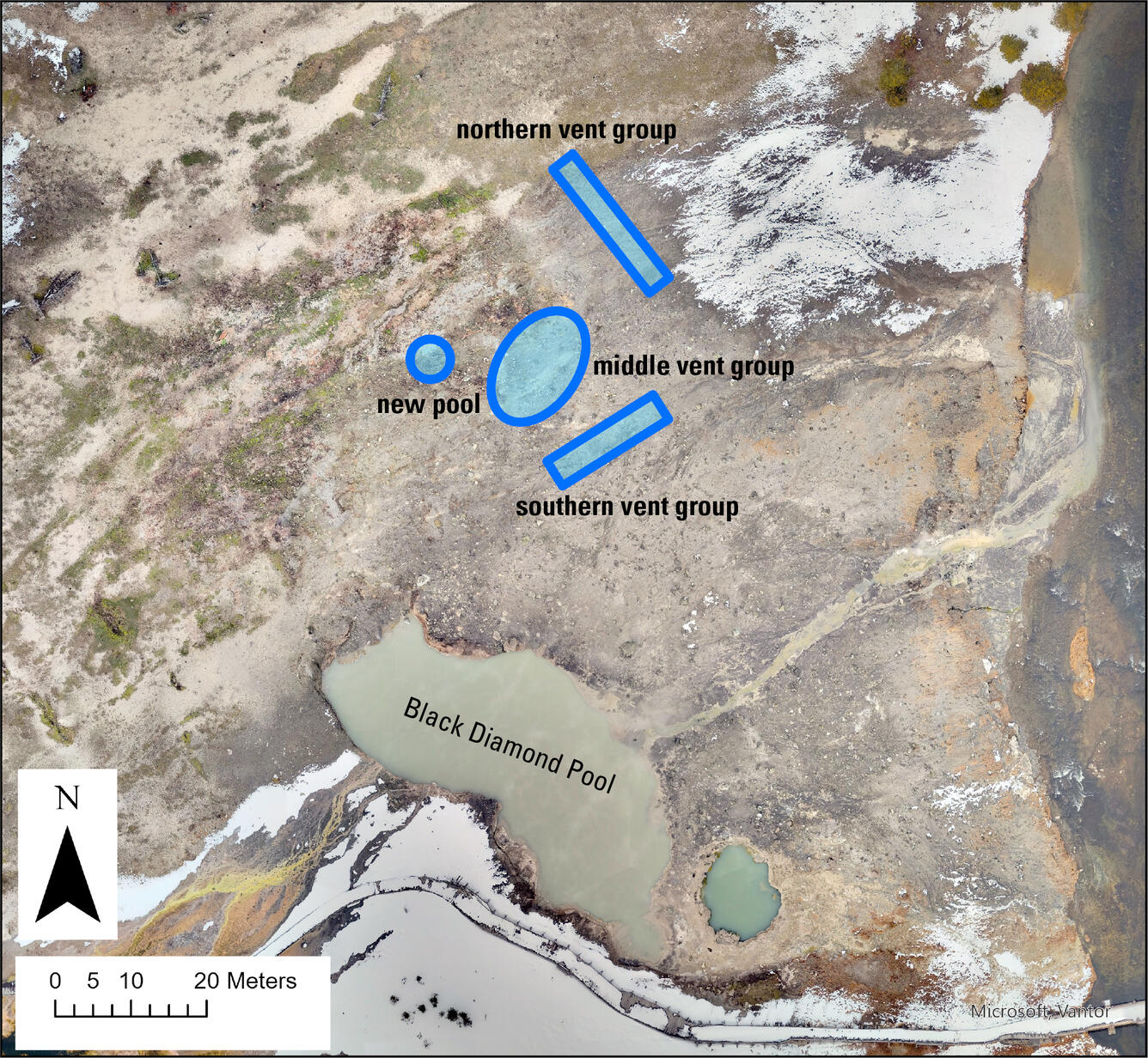 Aerial view with a muddy pool at the bottom and barren ground in the middle with blue polygons showing new vent locations