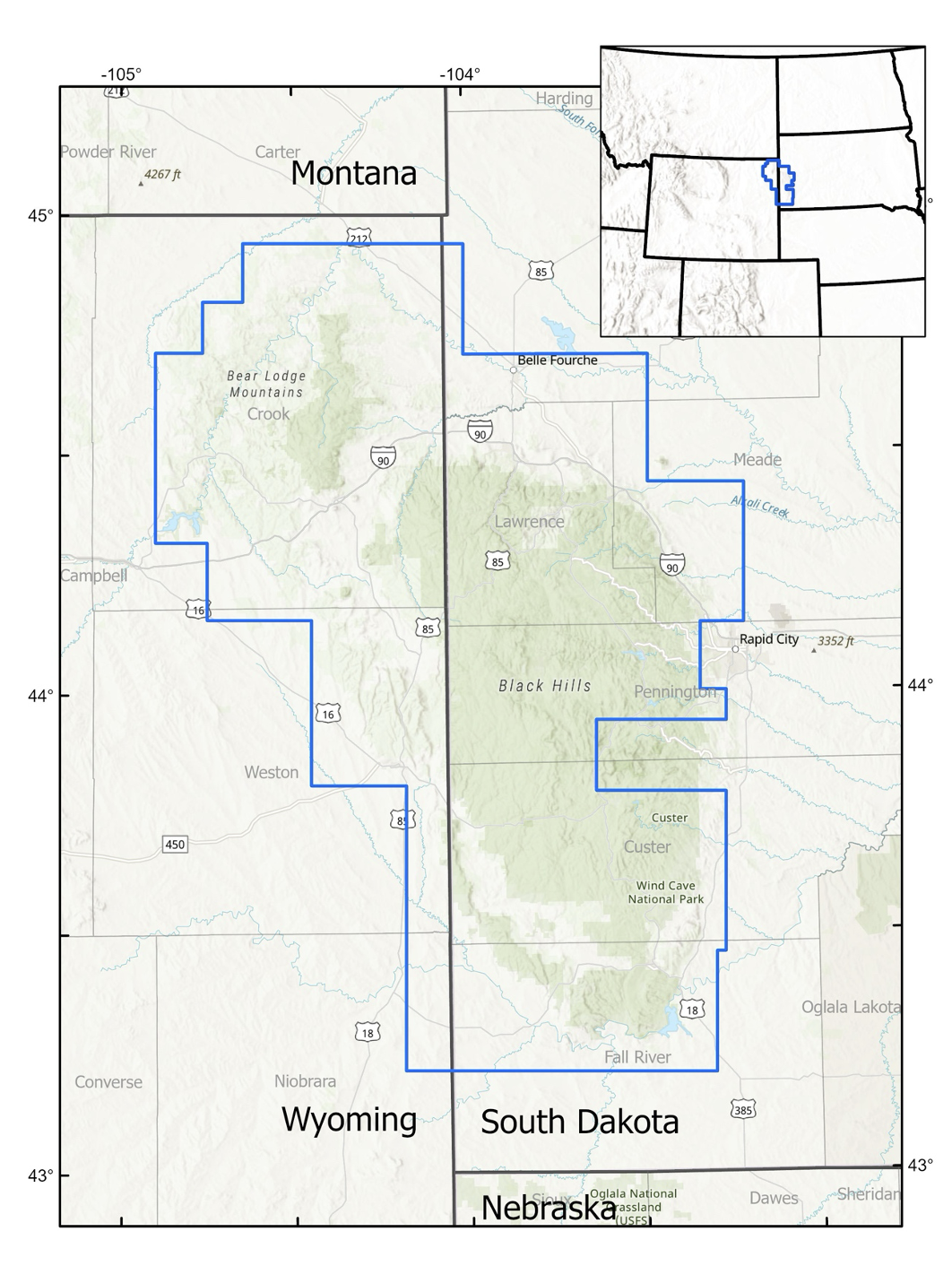 Map of Wyoming/South Dakota border area with Black Hills Bear Lodge survey area outlined in blue.