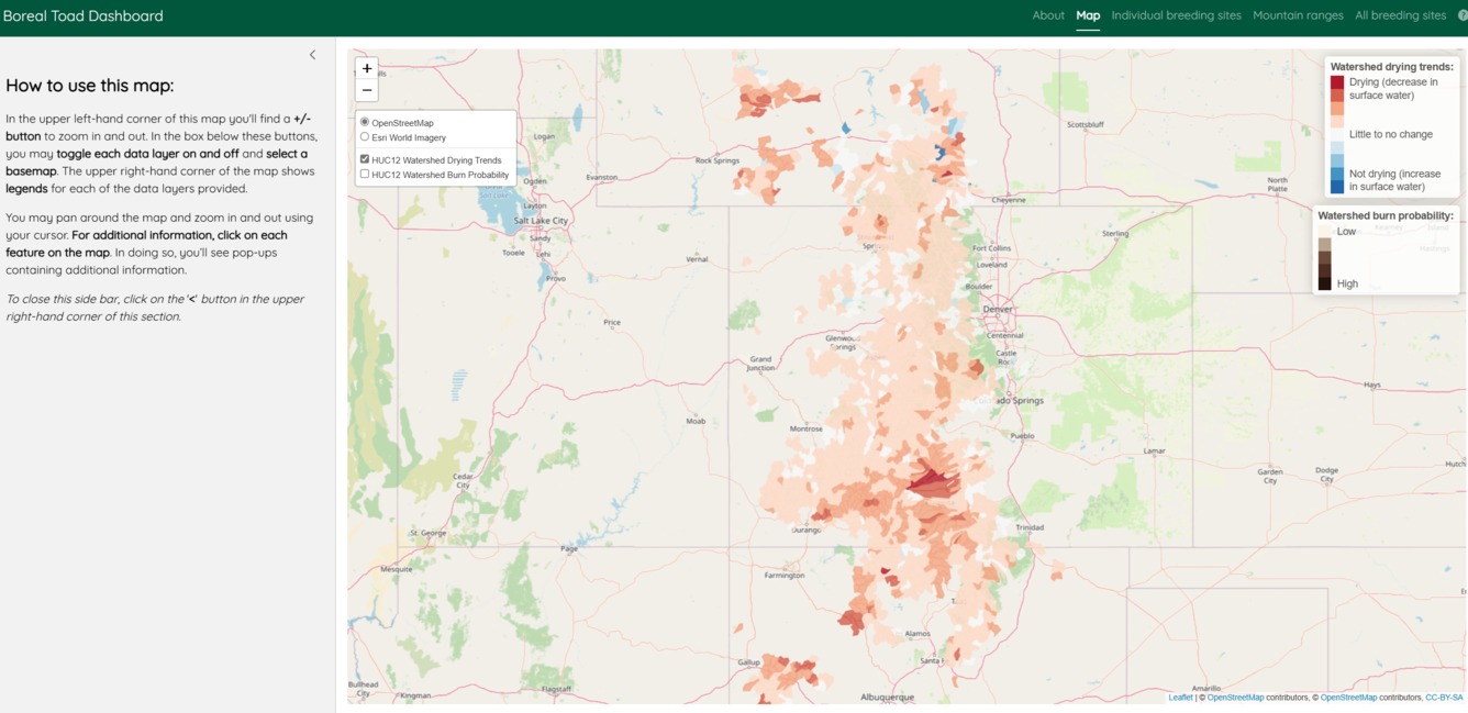 a dashboard containing a sidebar on the left, and large map of different watersheds, colored by how dry they are.