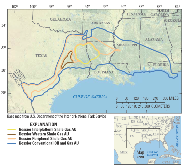 Gulf Coast map showing oil and gas assessment units of the Bossier Formation.