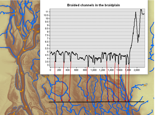 A map showing braided stream features with a elevation profile graph for the features.