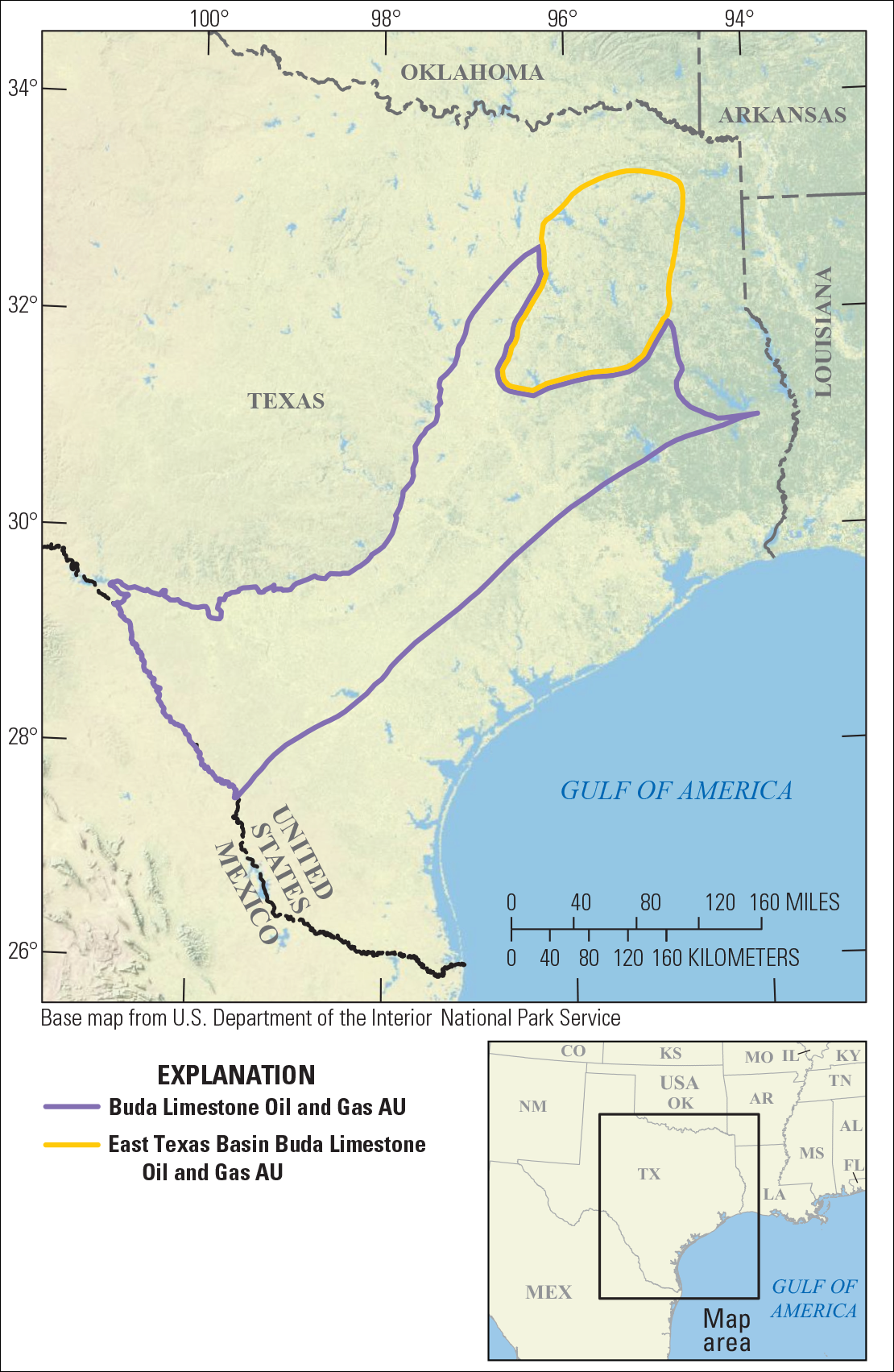 map showing the state of Texas and the Buda Limestone oil and gas AU and the East Texas Buda Limestone oil and gas AU