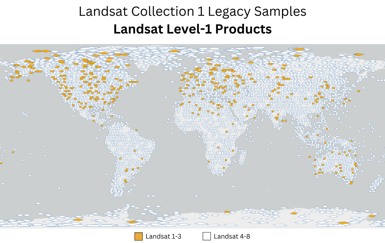 a map displaying the Level-1 products included in Landsat Collection 1 Legacy Samples