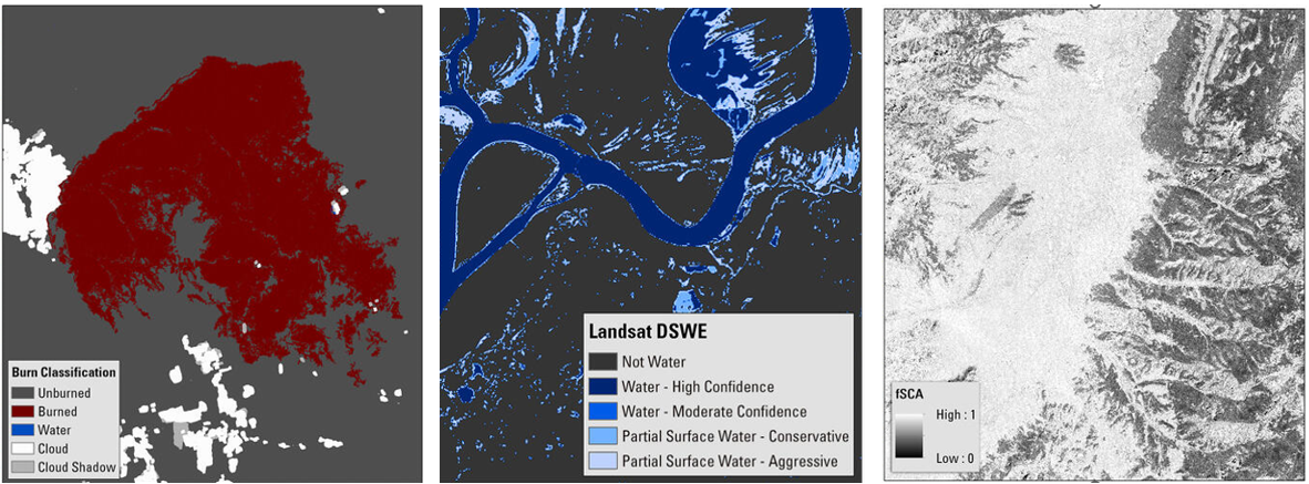 images showing burned areas, water, and snow/ice in Landsat images