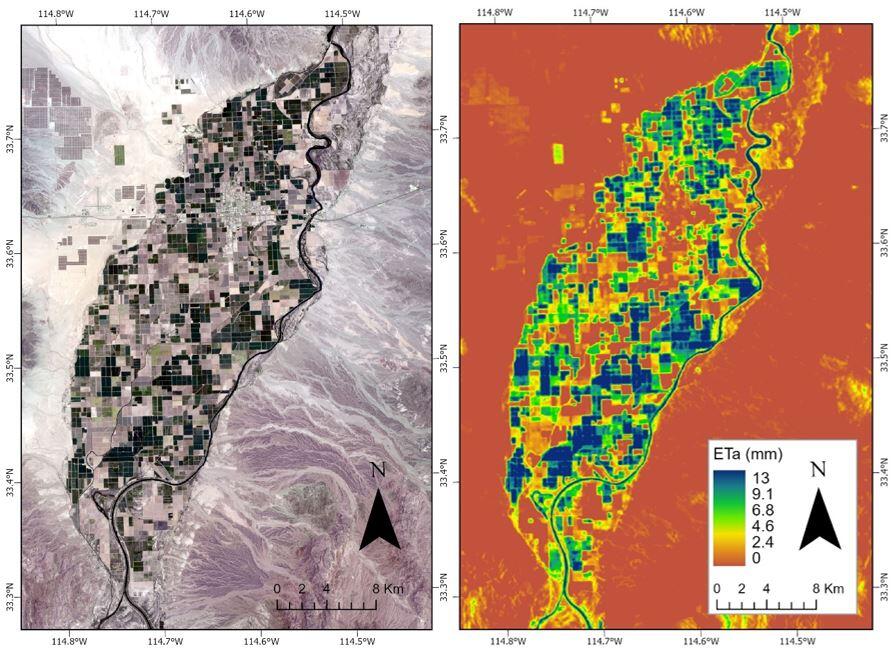 a satellite image and an image showing the evapotranspiration of the same area in California