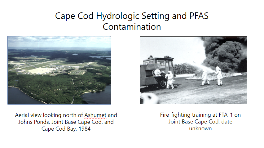A screenshot image of two photos, one showing an aerial view and the other is black and white showing fire-fighting.