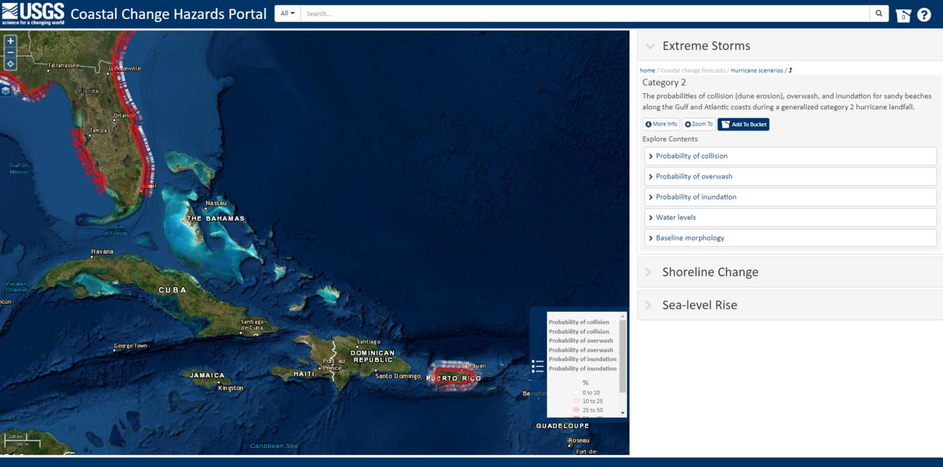 Screenshot of Coastal Change Hazards Portal shows hurricane-induced erosion probabilities for Florida and Puerto Rico.
