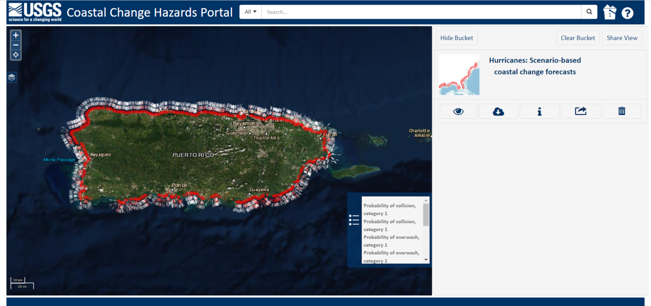 Screenshot of Coastal Change Hazards Portal shows hurricane-induced erosion probabilities for Florida and Puerto Rico.