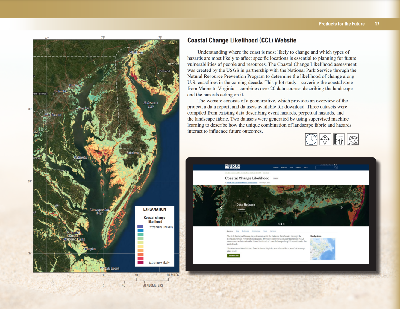 Coastal Change Likelihood website page, includes text on page and products, image of web page, and map