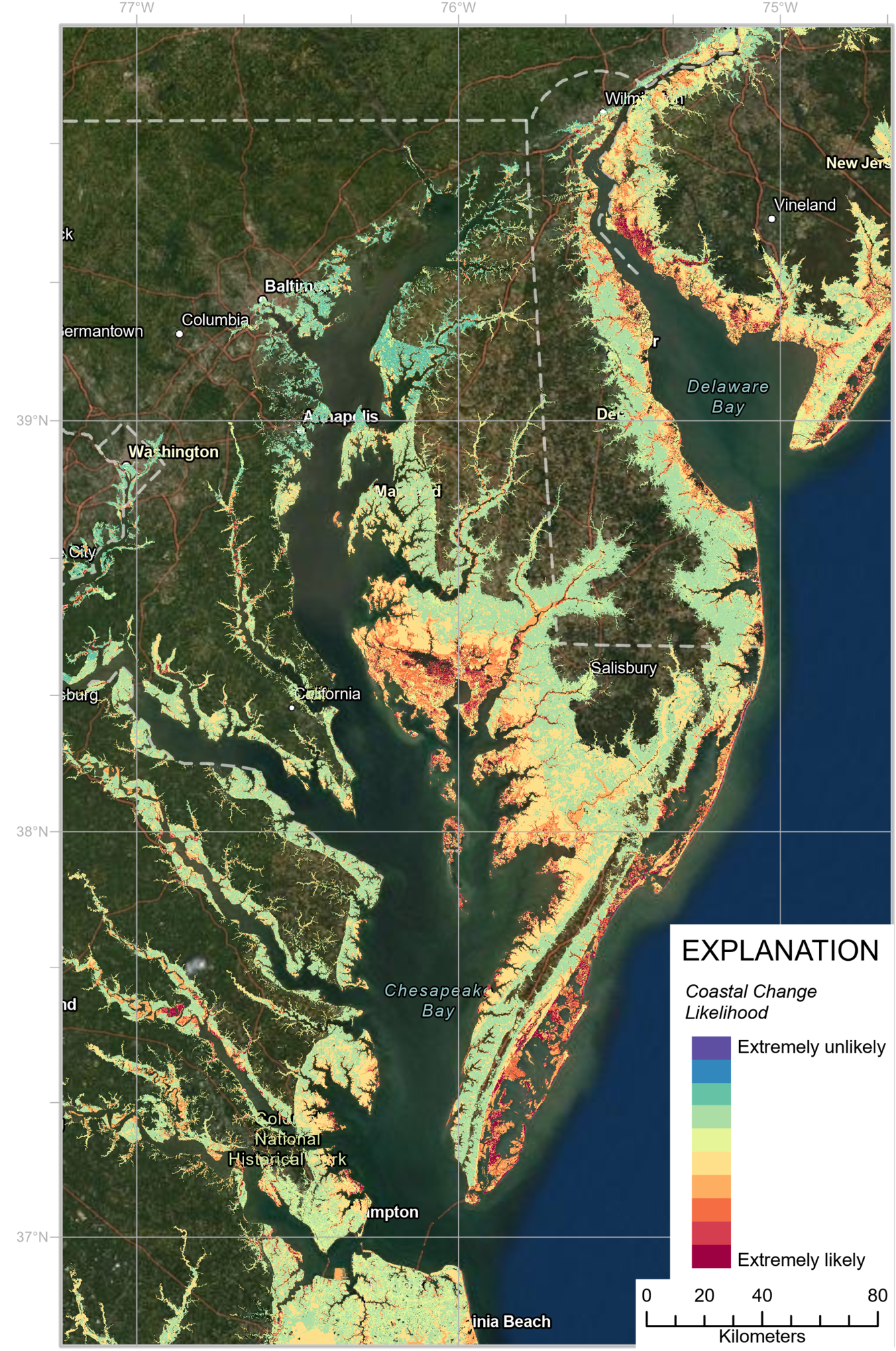 Coastal Change Likelihood map of Chesapeake, VA