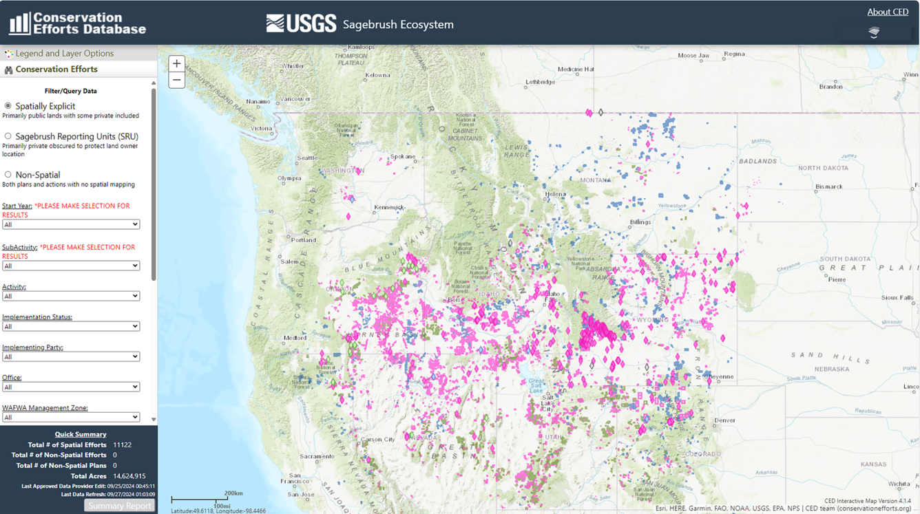 Shows a screenshot of the conservation efforts database sagebrush module, there are pink shapes indicating restoration areas