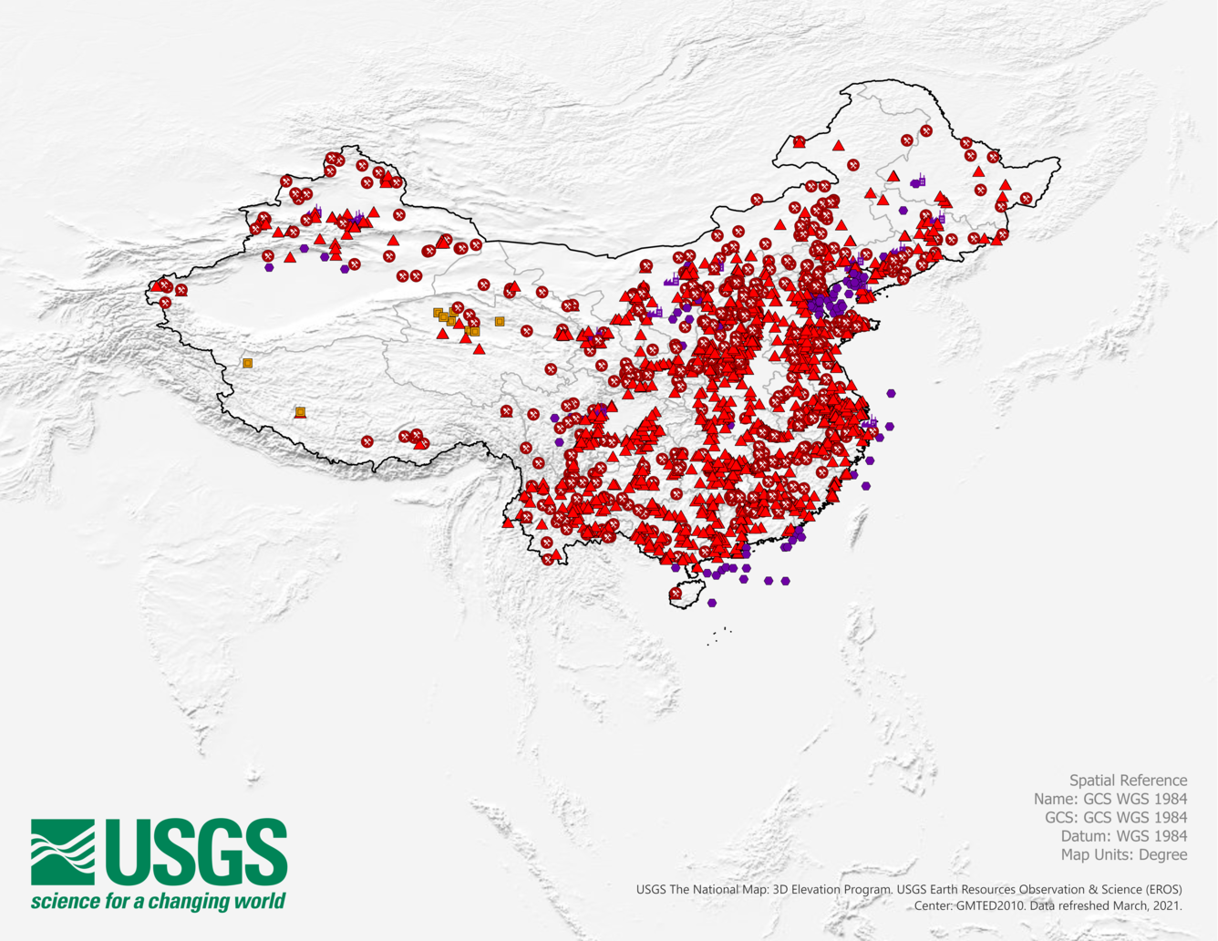 Small-scale map of mineral facilities in China
