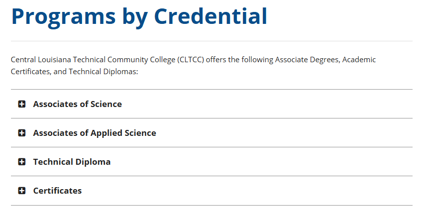 Screenshot from the official CLTCC website showing a list of credentials they offer. 