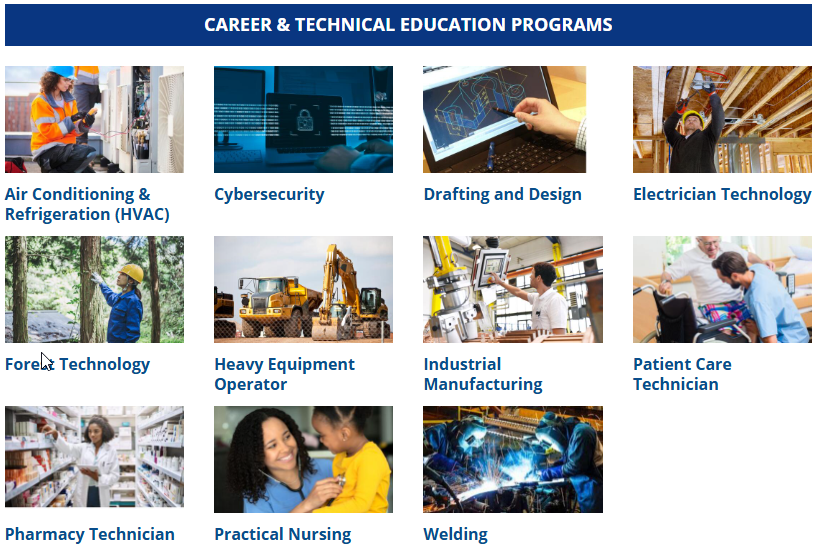 Screenshot from the official CLTCC website showing their career and technical education programs. 