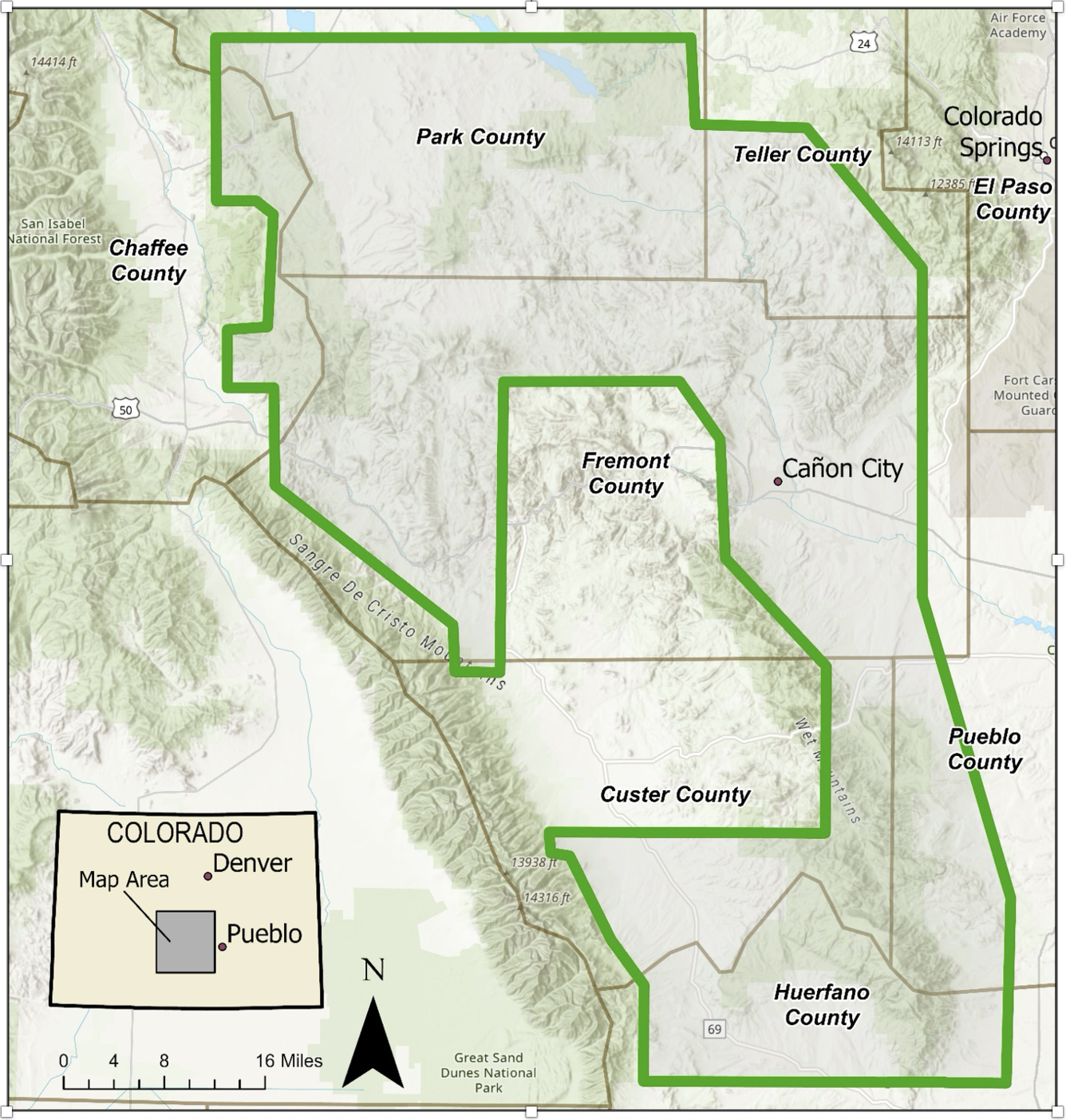 Map of Southern Colorado showing Colorado Alkaline Belt areas to be surveyed by Earth MRI.