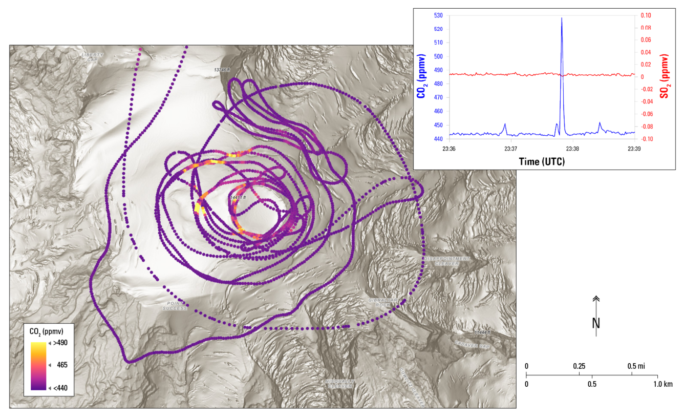Colored dots over a gray-scale map of Mount Rainier showing the locations of sample collection. 