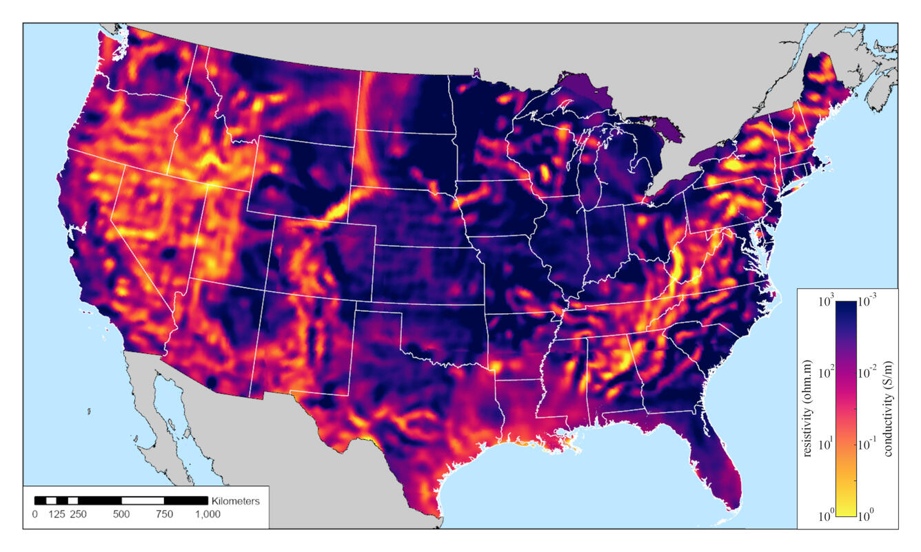 Electrical resistivity at lower-crustal depths (35 km) beneath the contiguous U.S. The architecture of the nation is revealed at this depth with warm colors marking active extension beneath the western U.S. The cratonic building blocks are resistive (cool colors) and were joined throughout geologic time along linear conductive sutures beneath the central and eastern U.S