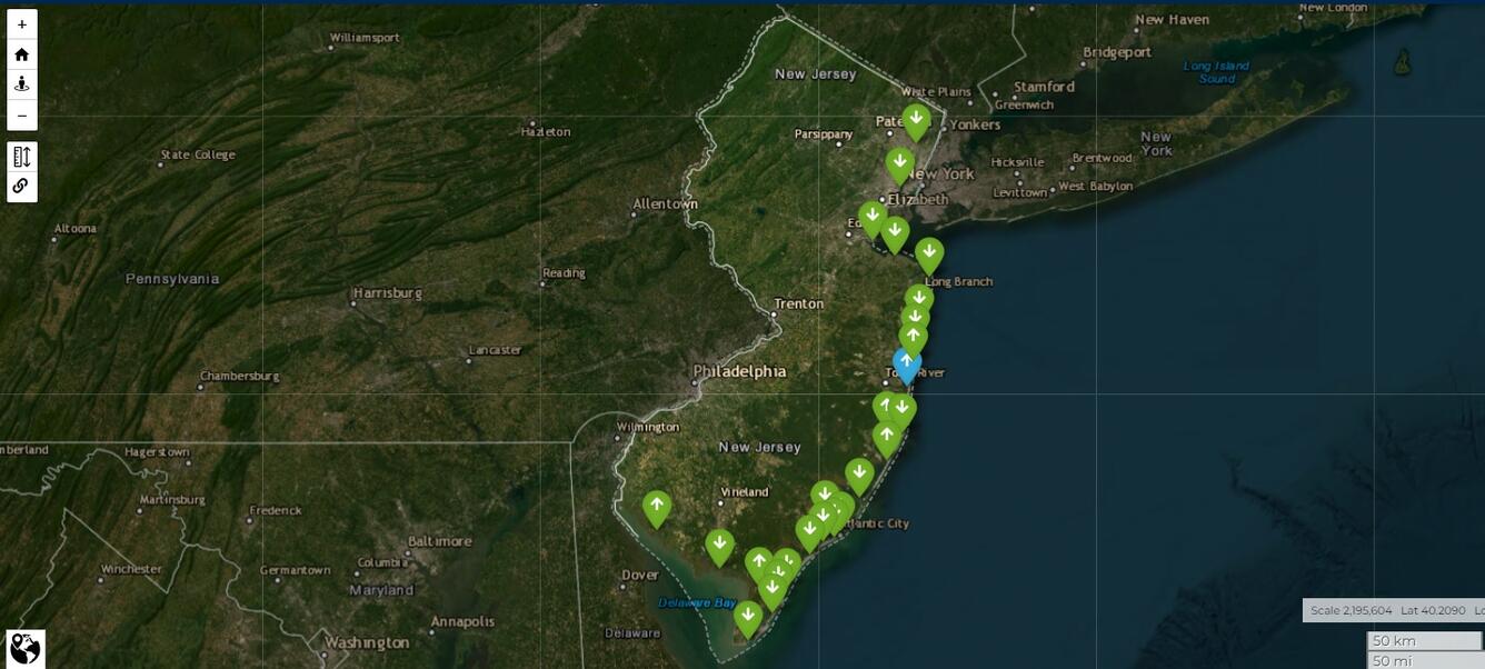 Map view of New Jersey depicting the coastal sites where the Flood Inundation study took place