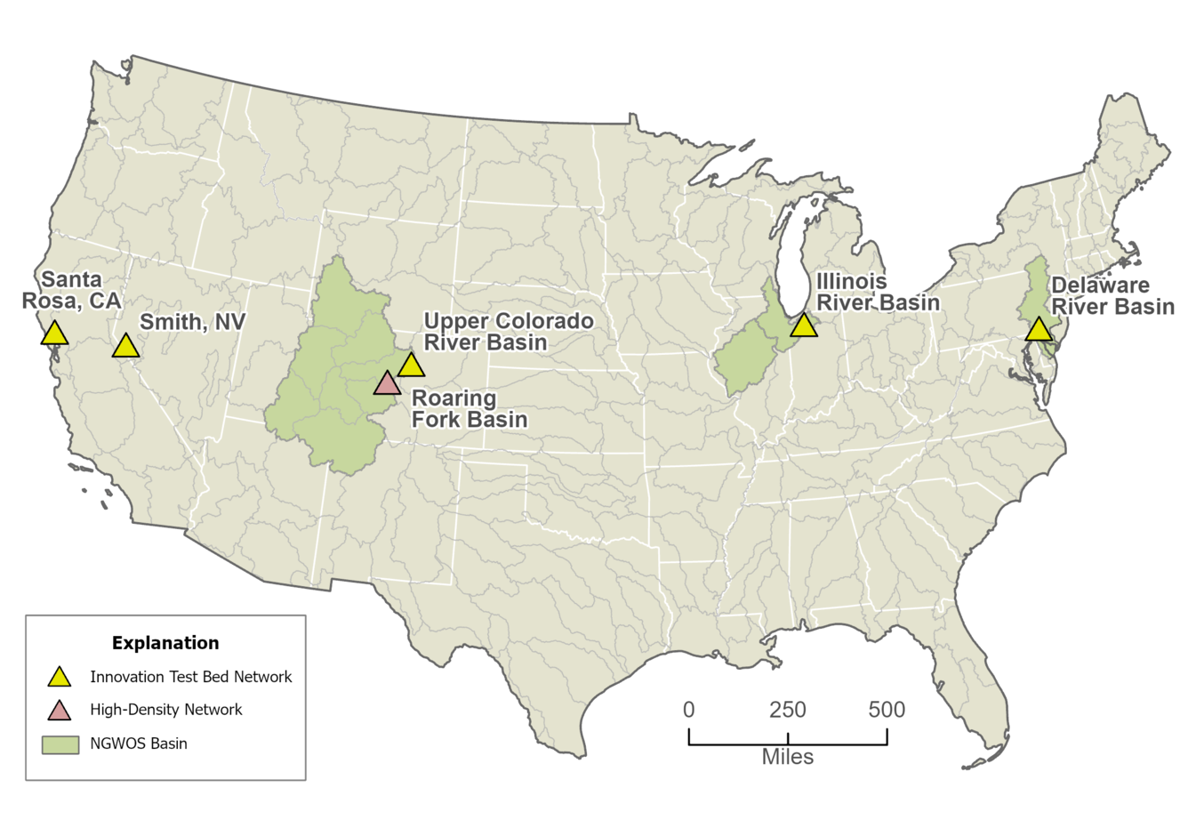 Sage‑green map of the U.S. showing CRNS monitoring sites as triangle markers and associated basins in darker sage green.