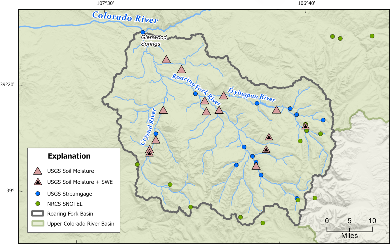 Sage‑green map of the Roaring Fork Basin showing monitoring sites as triangles and circles and streams in blue.